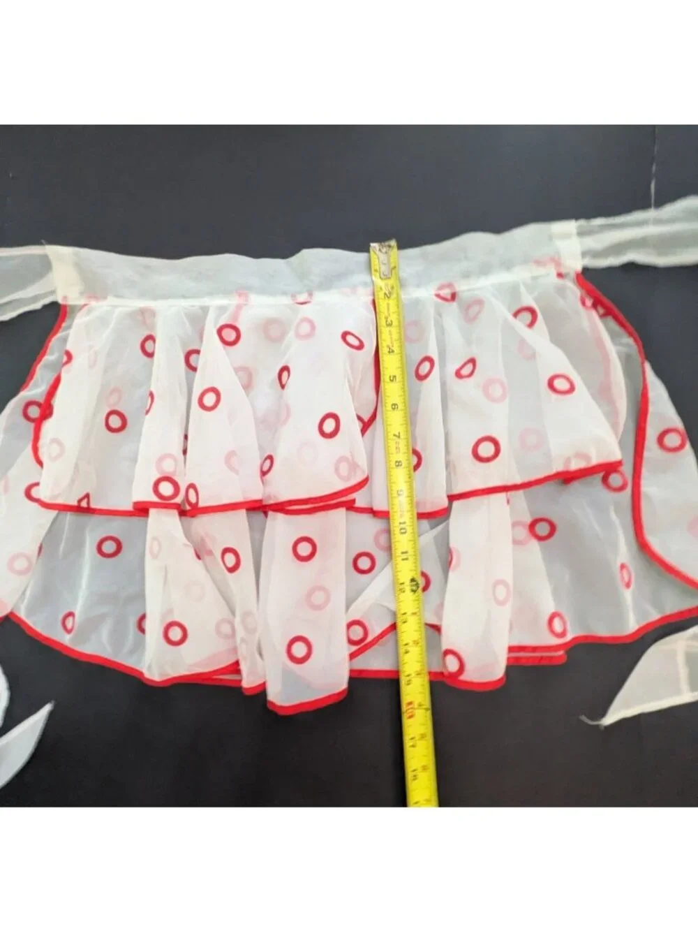 Vintage Sheer White Half Apron Embroidered Red Circles and Piping Polka Dot